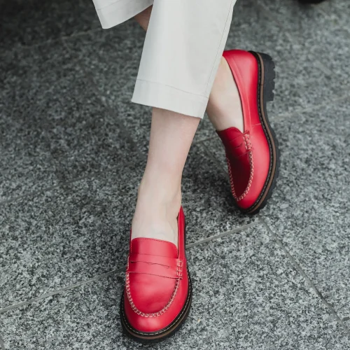 Red Penny Loafer Women Shoes, Flat Red Leather Loafers