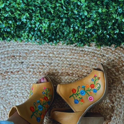 Leather Mexican Embroidery Open Toe Boots Mexican Style